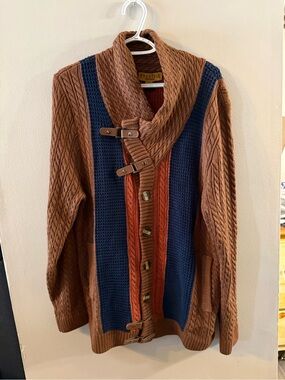 Prestige original Men's Shawl Collar Cable Knit Cardigan - Brown Navy Rust Ags